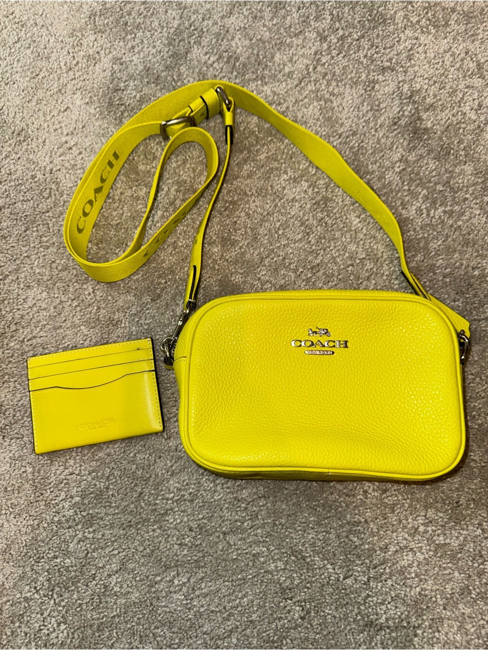 COACH Neon Yellow Pebbled Leather Crossbody with Card Case